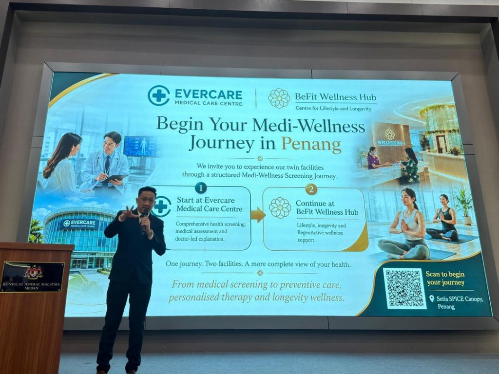 Dr. Feynman Lau presenting Evercare Medical Care Centre and BeFit Wellness Hub's integrated Medi-Wellness journey during the Penang–Medan Business Matching & Networking 2026.