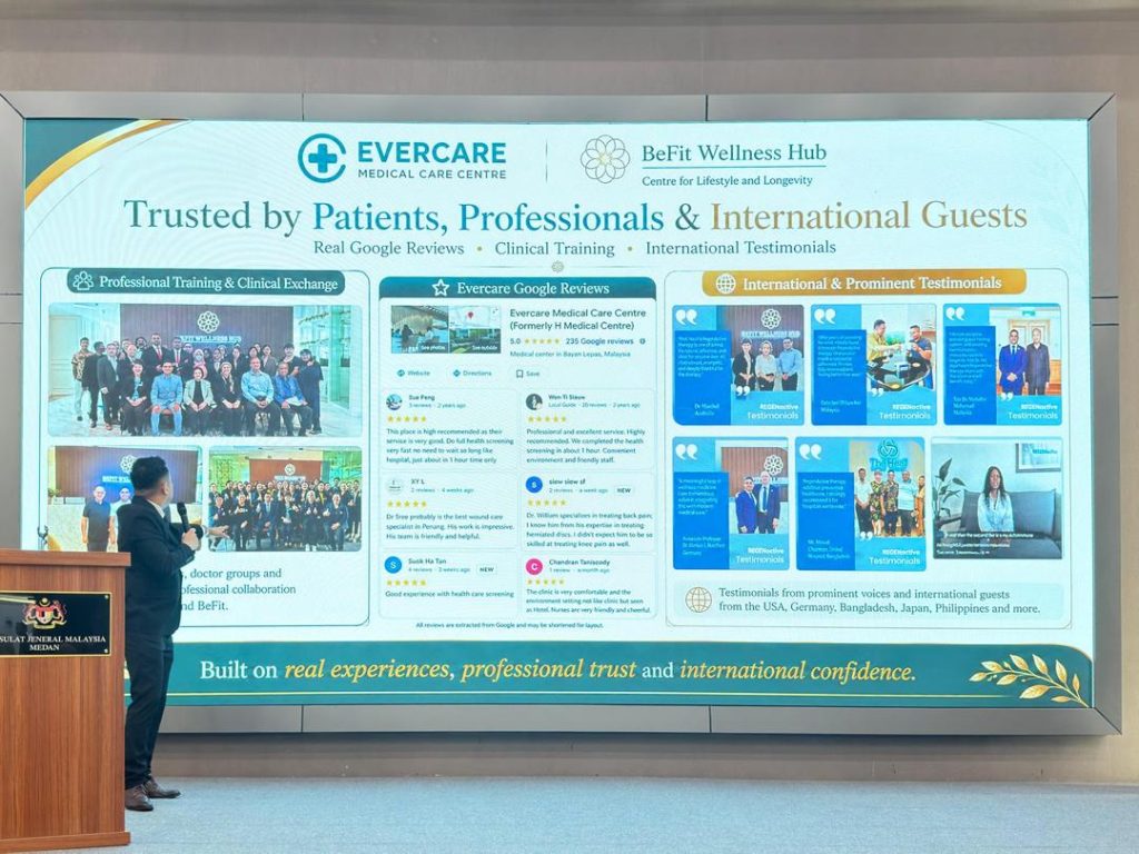Dr. Feynman Lau presenting Evercare Medical Care Centre's international patient testimonials, Google reviews and healthcare collaborations during the Penang–Medan Business Matching & Networking 2026.